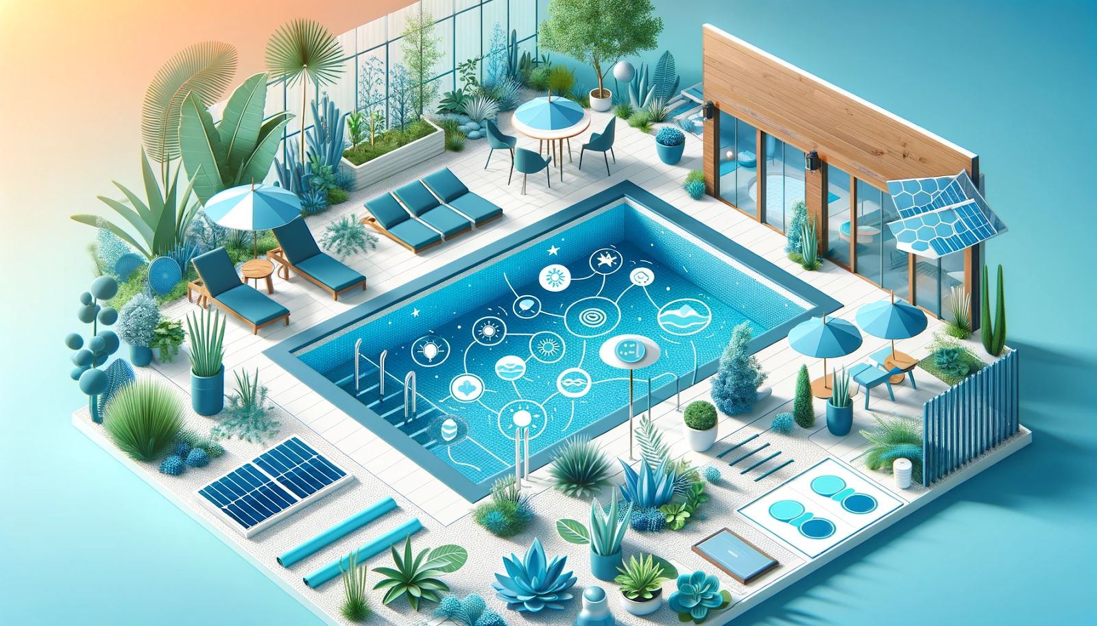 Bright and cheerful pool area with navy blue and aqua blue elements, representing sustainable pool management practices.