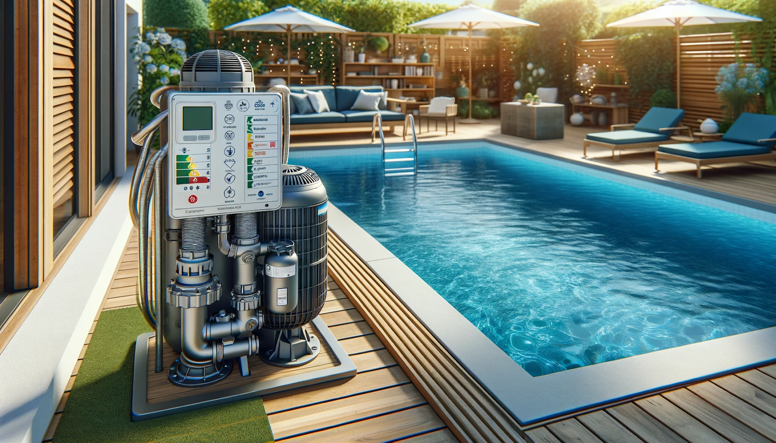 Photorealistic image of a well-maintained pool with an efficient pump system, showcasing energy-saving tips for pool owners.