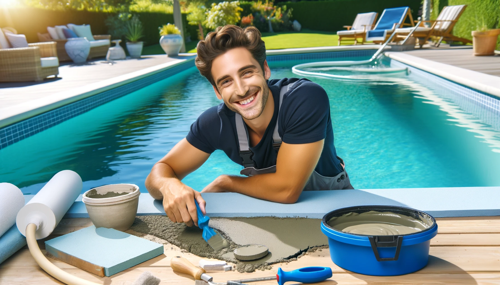 A cheerful person is repairing a pool plaster in their backyard, applying plaster to a crack, and is surrounded by tools. The pool water is a clear aqua blue.