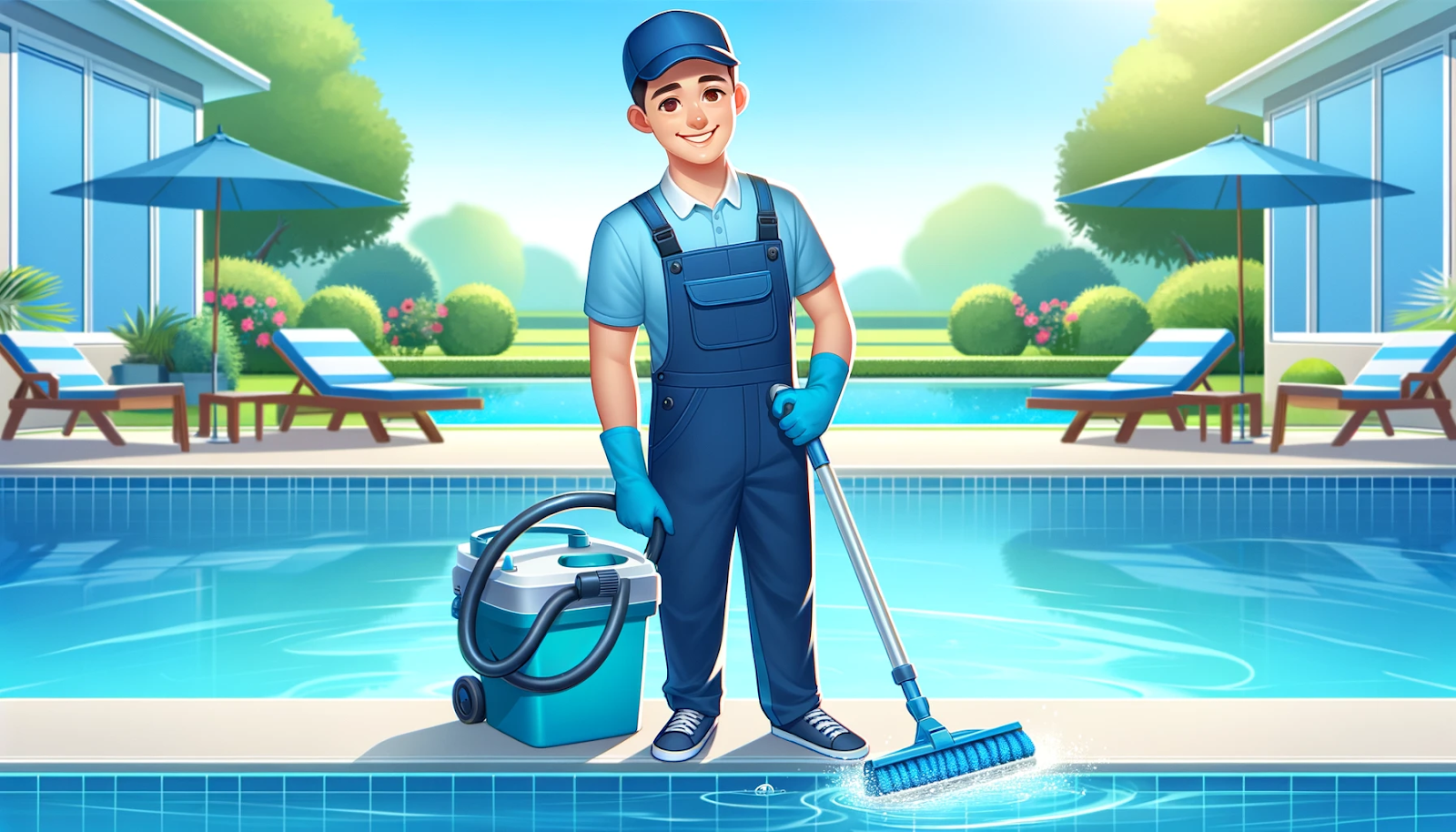 A cheerful pool technician in navy and aqua blue attire cleans a sparkling pool, highlighting the importance of professional pool maintenance.