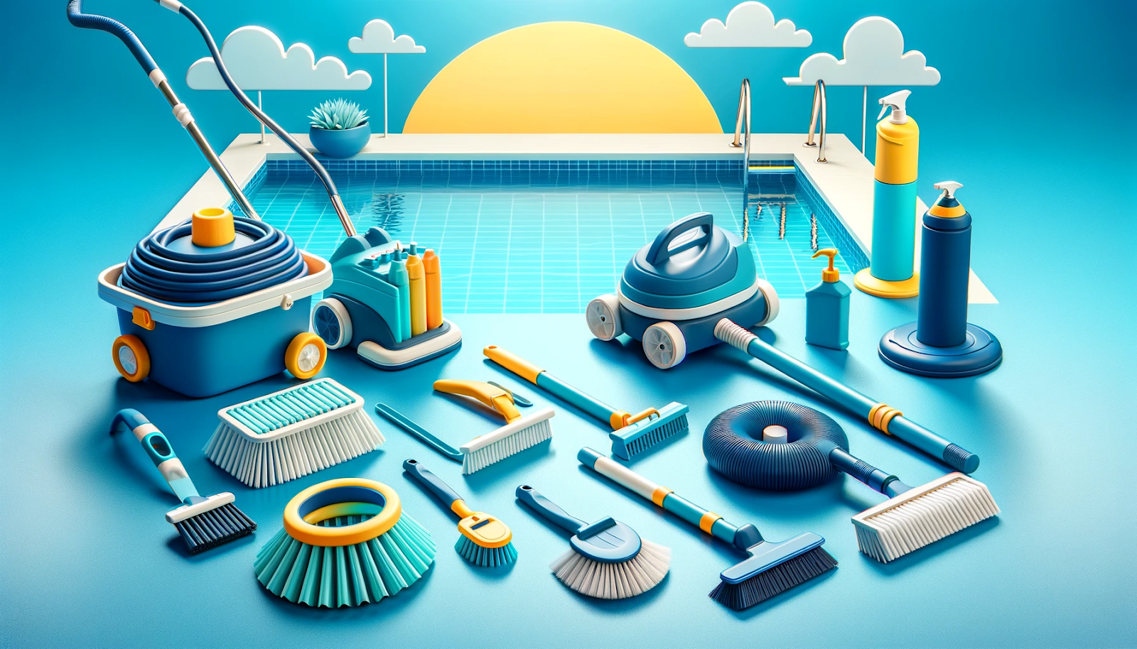 A bright and cheerful pool scene with modern cleaning equipment, symbolizing a sustainable and efficient pool cleaning business.