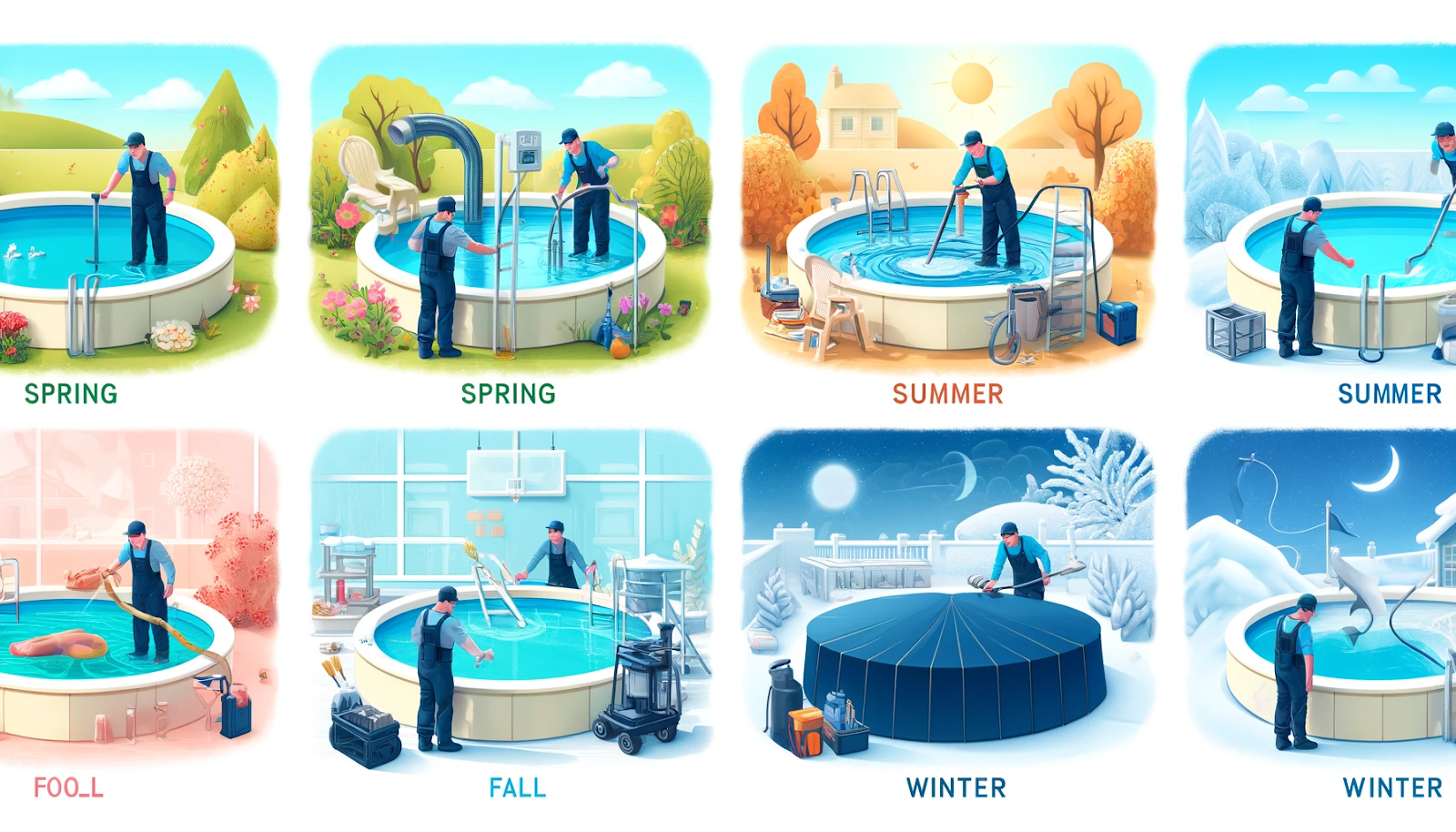 An engaging illustration depicting seasonal pool maintenance tasks, ranging from spring to winter, showcasing a worker in various scenarios.