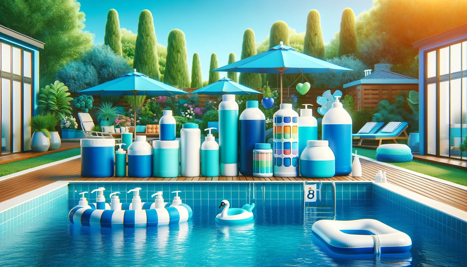 Various types of pool chemical dispensers, floating, inline, and automatic, surround a crystal-clear pool, symbolizing effective pool maintenance.