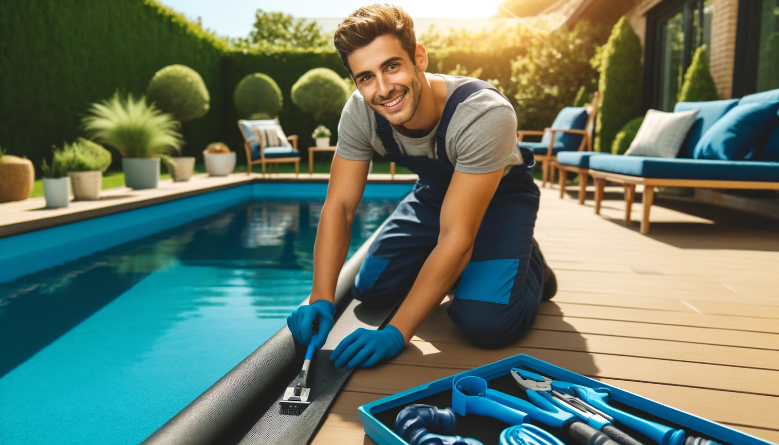 Cheerful person maintaining a pool with navy blue and aqua blue tools, illustrating pool liner care in a sunny backyard.