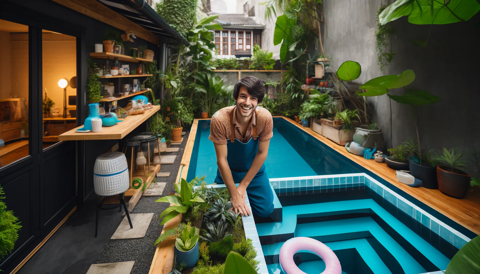 A cheerful person is working on a small urban pool, surrounded by lush plants. The pool features navy and aqua blue tones, representing innovative small-space solutions.