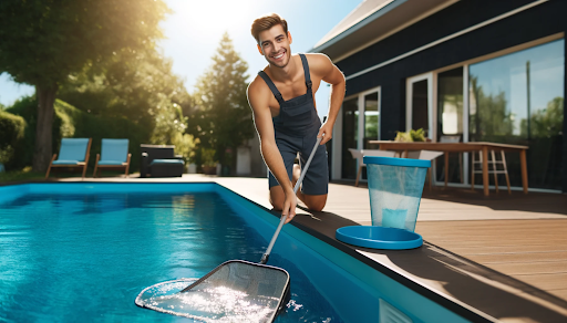 A cheerful person skims their pool with a long-handled skimmer net. The water sparkles with navy and aqua blue tones on a sunny day.