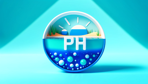 A symbolic representation of maintaining proper pH levels, featuring a clean pool with navy blue and aqua blue water. The atmosphere is bright and cheerful.