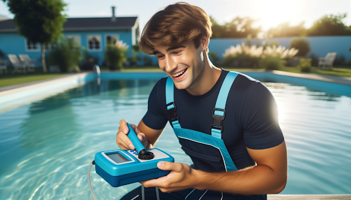 A cheerful person testing pool water quality while wearing navy blue and aqua blue attire. The pool is clear, set in a sunny and green environment.