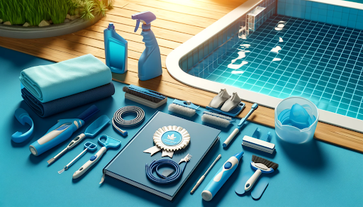 A bright and cheerful image showing professional pool maintenance tools, a training manual, and a certification badge near a sparkling pool, symbolizing pool cleaning training.