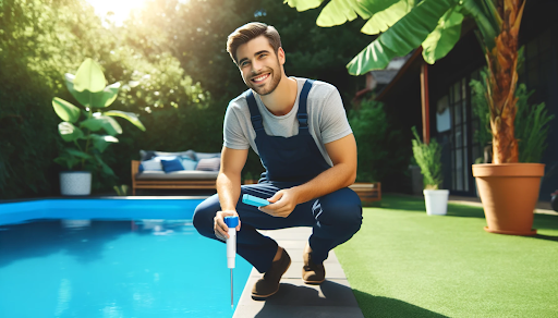 A cheerful person tests pool water quality using a kit in a backyard pool, surrounded by greenery. The image features navy blue and aqua blue tones