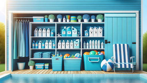 Organized pool chemicals safely stored on labeled shelves in a ventilated pool shed, dominated by navy and aqua blue tones.