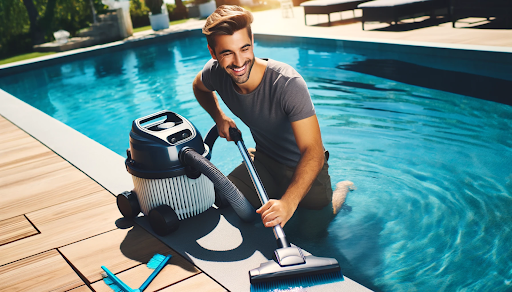 Cheerful person cleaning a pool with a manual vacuum cleaner under bright sunlight, surrounded by poolside accessories like a skimmer and brush, with the pool water in navy and aqua blue hues.