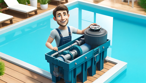 A cheerful person working on the pool filter system. The pool water shines with bright navy and aqua blue tones, representing a clean and inviting atmosphere.