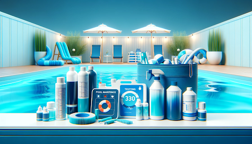 A cheerful scene symbolizing pool maintenance, featuring a clear pool, pool supplies like testing kits and chemicals, in a bright atmosphere with navy and aqua blue.