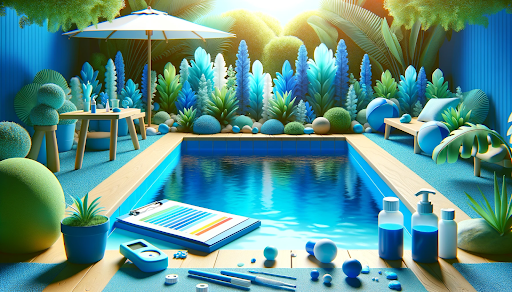 A bright and cheerful photorealistic image of a pristine, well-maintained pool surrounded by natural elements, symbolizing proactive DIY pool health checks.