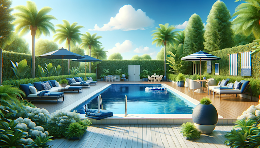 Bright and cheerful photorealistic image of a serene swimming pool surrounded by greenery with navy blue and aqua blue accents, symbolizing storm preparation and pool maintenance.