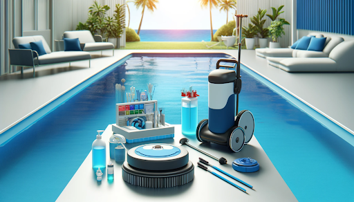 A symbolic representation of cost-effective pool maintenance in a cheerful atmosphere with a well-maintained swimming pool, cleaning tools, and navy blue and aqua blue tones.