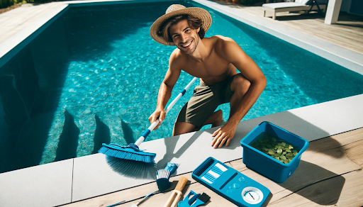 A cheerful person maintaining a pool with a skimmer, surrounded by tools like a brush and test kit. Navy and aqua blue colors emphasize the modern pool