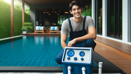 A cheerful person adjusts pool equipment beside a pristine pool featuring navy and aqua blue tones, illustrating modern and sustainable pool water circulation.