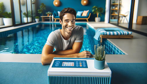 A cheerful person works on their pool with an automated maintenance system control panel. The pool area is vibrant, featuring navy blue and aqua blue colors.