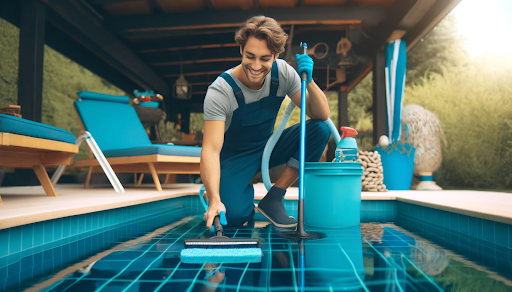 A cheerful person using modern tools to clean a pool, wearing comfortable attire. The vibrant setting reflects an advanced pool maintenance strategy.