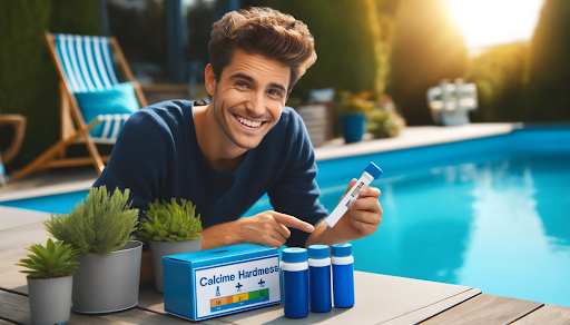 A cheerful person working on their pool, adjusting calcium hardness levels using test kits and chemicals. Navy blue and aqua blue colors dominate in the sunny scene.